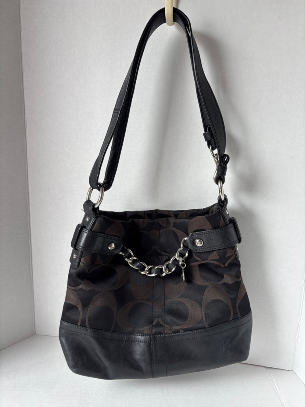 Coach Black and Brown Signature Chain-Accent Shoulder Bag
